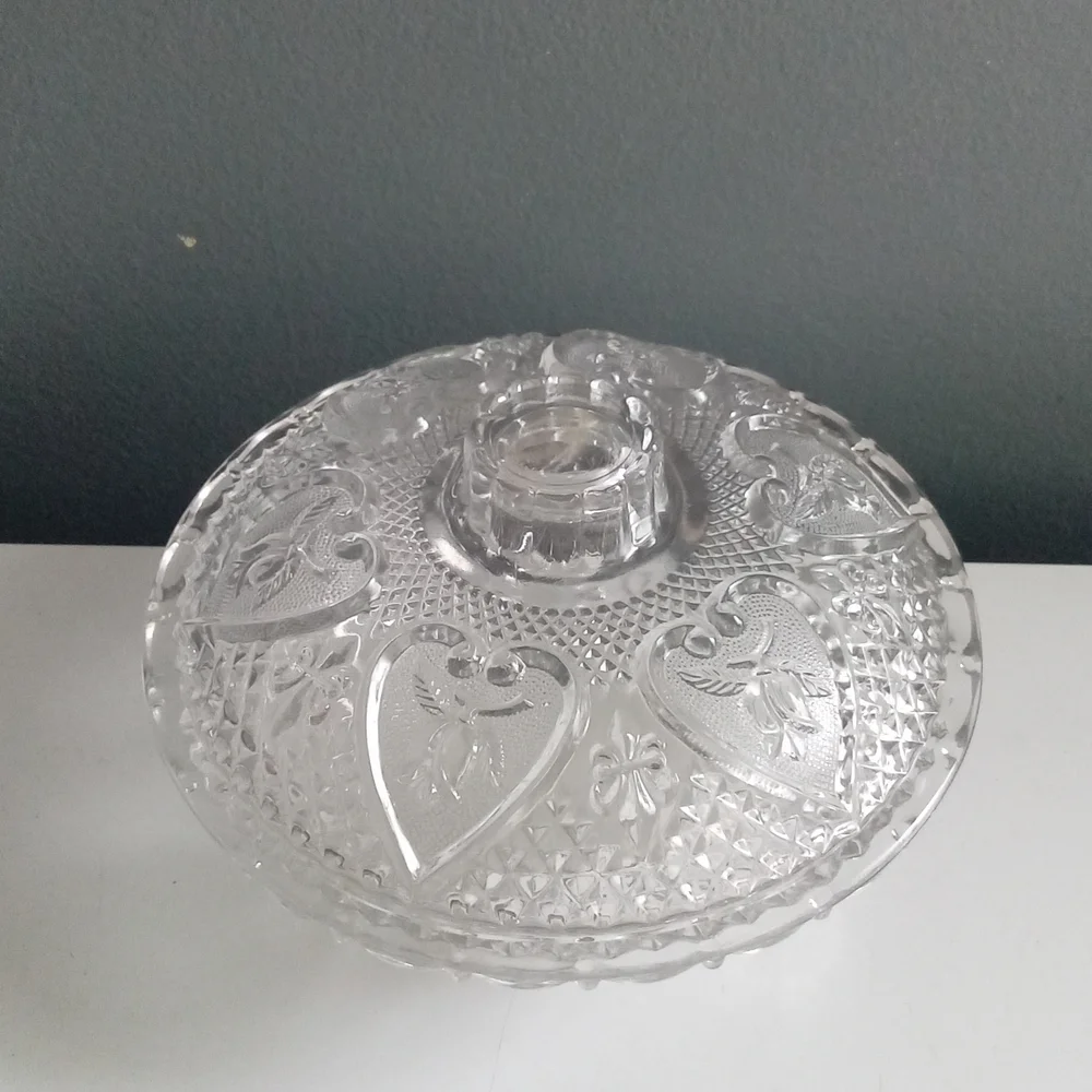 Clear Crystal Glass Footed Bowl With Dome Shape Lid Heart Etched Vintage Serving